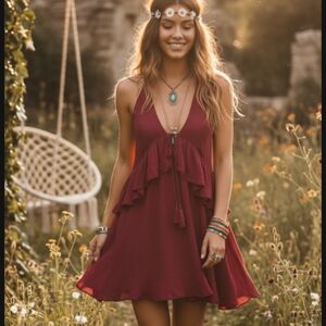 Free People fp intimately pink ruffled tie front boho mini dress xs